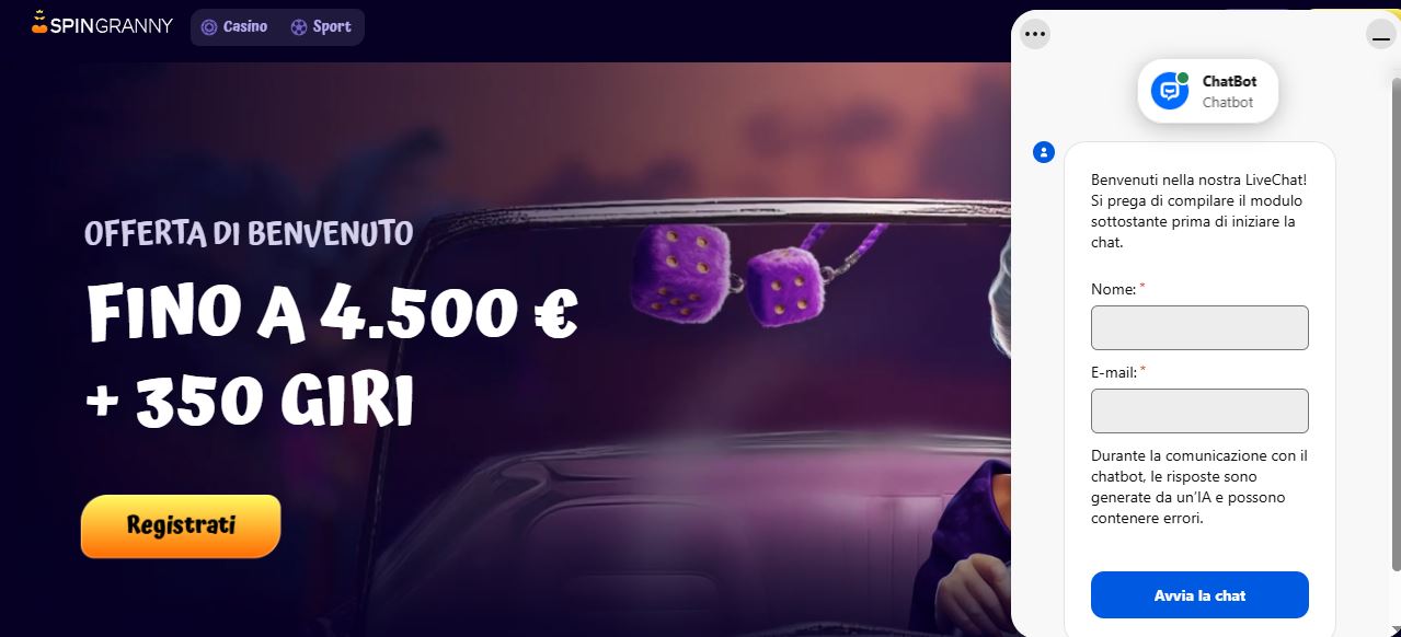 Usa la live chat di SpinGranny per ricevere assistenza immediata 24 ore su 24