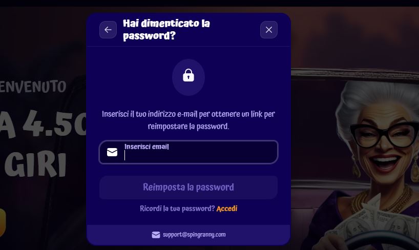 Reimposta la password di SpinGranny inserendo il tuo indirizzo e-mail per ricevere il link di recupero