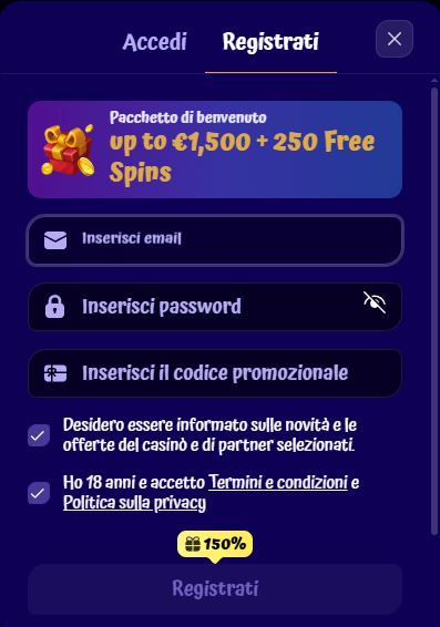 Registra nuovo account SpinGranny inserendo email e password