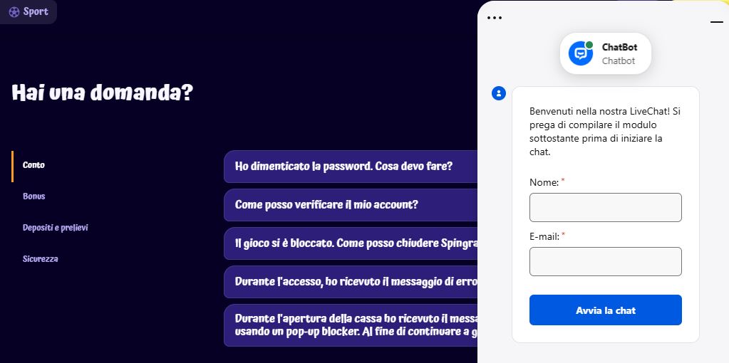 Contatta supporto SpinGranny tramite live chat per assistenza