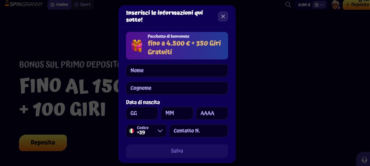 Completa la verifica dell'account su SpinGranny inserendo nome, cognome e data di nascita